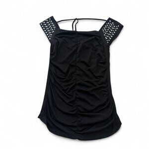 Takoni black off the shoulder ruched tank top with studded straps